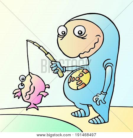 Lovely newcomer caught a big fish. Vector illustration. Cute cartoon characters.