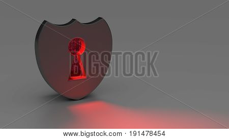 Grey shield symbol with keyhole emitting red light and binary datastreams inside cybersecurity concept 3D illustration