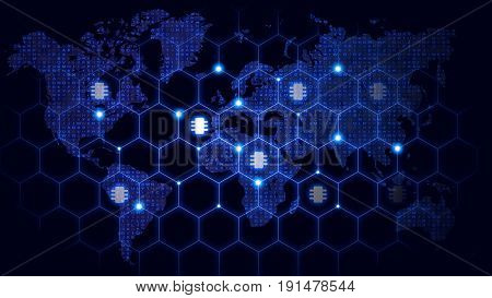 Hexagon network covering the world map with glowing chip symbols global internet of things concept