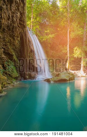 Beautiful natural stram water fall in tropical deep forest natural landscape background