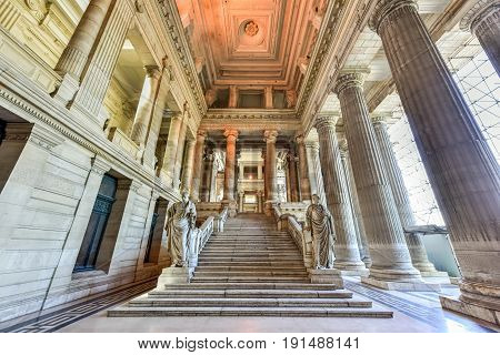 Brussels, Belgium - May 11, 2017: Justice Palace (Palais de Justice) in Brussels Belgium. The eclectic and neoclassical style building serves as the headquarters of several important law courts.