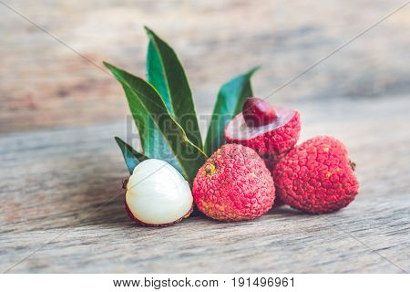 Fresh Litchi Fruit On An Old Wooden Background