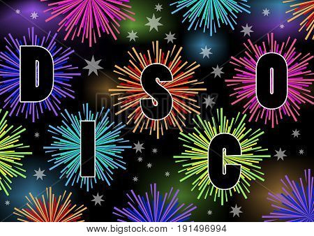 Disco billboard with firework stars in vibrant colors. Banner for fun and dance parties.