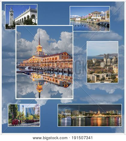 Views of the city of Sochi. Railway station Rotunda (gazebo) at the Seaport Seaport view of the city center Cossack parade on City Day view of the city from the sea in the evening.