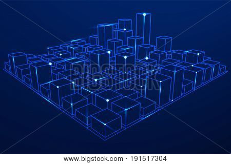 Mesh low poly wireframe cubes array like skyscraper city. Connected lines. Connection Box Structure. Digital Data Visualization Concept. Vector Illustration.