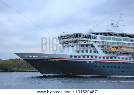 Velsen The Netherlands - April 27th 2017: Balmoral Fred Olsen Cruise Lines in North Sea Canal towards IJmuiden sealock