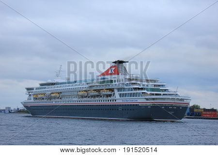 Velsen The Netherlands - April 27th 2017: Balmoral Fred Olsen Cruise Lines in North Sea Canal towards IJmuiden sealock