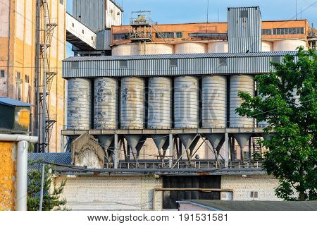 Plant for the production of baked goods. Elements of the facade of the production building. Factory background