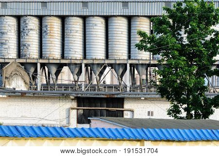 Plant for the production of baked goods. Elements of the facade of the production building. Factory background