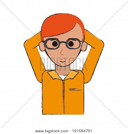 young happy man with glasses in casual outfit putting his arms behind his head  icon image vector illustration design