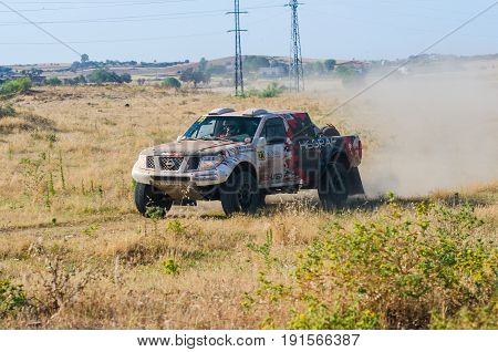 EXTREMADURA SPAIN - JUN 17: Driver and codriver Participing in TT Spanish Rally Championship. Badajoz Dehesa de Extremadura.