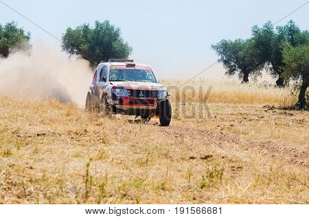 EXTREMADURA SPAIN - JUN 17: Driver and codriver Participing in TT Spanish Rally Championship. Badajoz Dehesa de Extremadura.