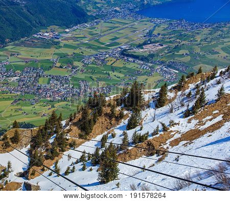 View from Mt. Stanserhorn in Switzerland at the beginning of May. The Stanserhorn is a mountain in the Swiss canton of Nidwalden.