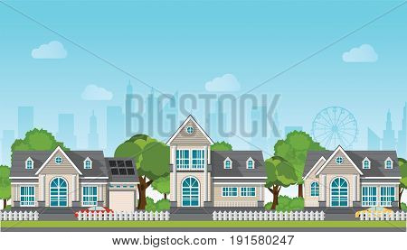 Modern family house with car trees road sky and clouds on city view background.Village landscape real estate Vector illustration in flat style.