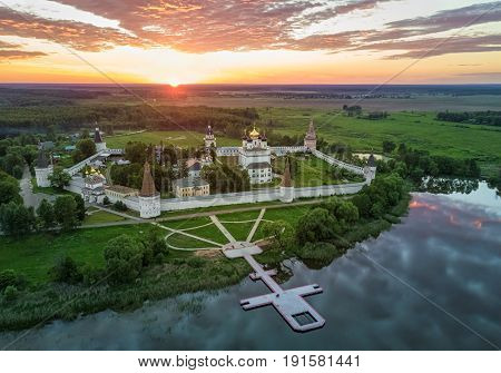 Aerial view on Joseph-Volokolamsk Monastery on sunset Moscow oblast russia