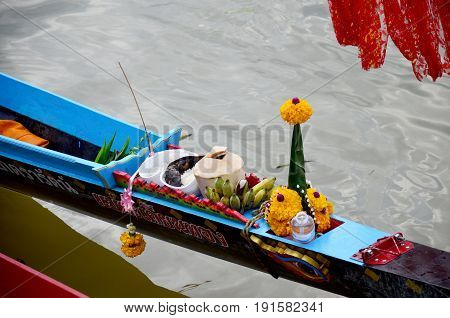 Thai People Offerings Dedicated Or Sacrifices For Boat Nymph Or Guardian Goddess Of Boats