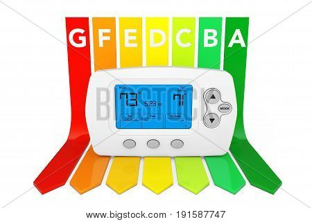 Modern Programming Thermostat over Energy Efficiency Rating Chart on a white background. 3d Rendering.