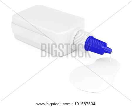 Glue Leak from White Glue Bottle with Spreader Cap on a white background. 3d Rendering.