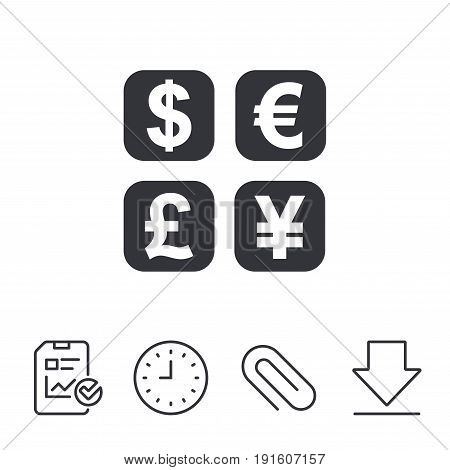 Currency exchange sign icon. Currency converter symbol. Money label. Report, Time and Download line signs. Paper Clip linear icon. Vector