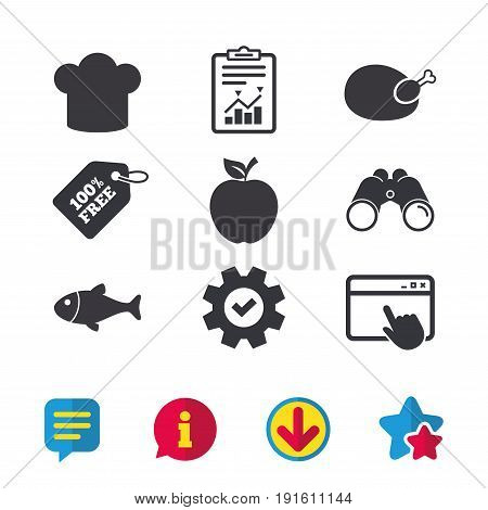 Food icons. Apple fruit with leaf symbol. Chicken hen bird meat sign. Fish and Chef hat icons. Browser window, Report and Service signs. Binoculars, Information and Download icons. Stars and Chat