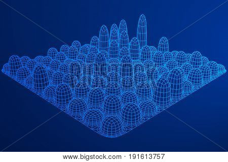 Low poly wireframe smooth mesh array like skyscraper city. Connected lines. Connection Egg Structure. Digital Data Visualization Concept. Vector Illustration.