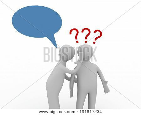 3d people - men whispers in ear with question marks. . 3d rendered illustration