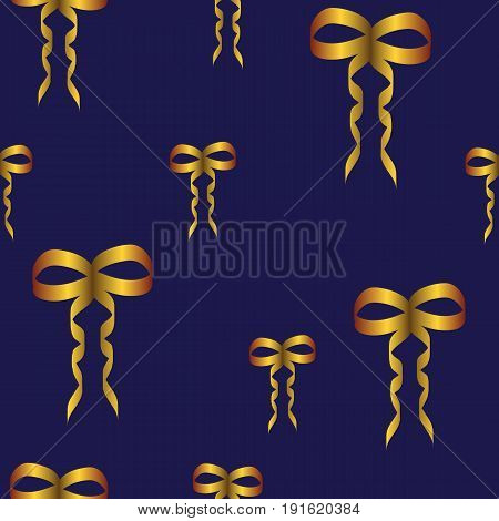 Seamless vector pattern with golden bows stylized with silk ribbon. The wallpaper is usable for decorating gift boxes wrapping paper printing on textiles and as a backdrop for holiday cards
