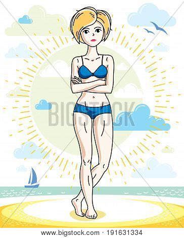 Attractive young blonde woman posing on tropical beach and wearing blue bikini. Vector nice lady illustration. Summertime theme clipart.
