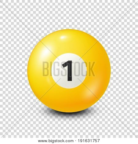 Billiard, yellow pool ball with number 1.Snooker. Transparent background.Vector illustration.