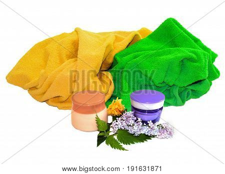 Jar Natural Cream Medical Kolanhoe, Orange Flower And Colorful Towel Isolated Lie A Bunch On White