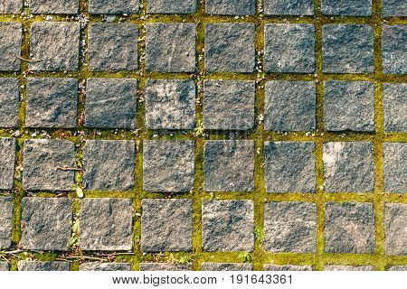 A path paved with stone. Texture close up. Granite cobblestoned pavement background