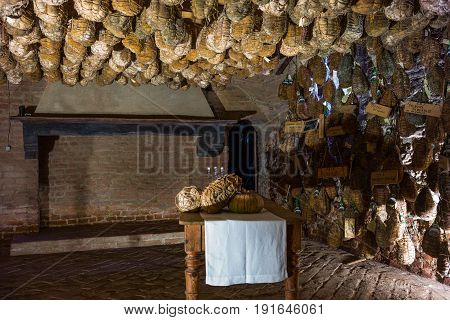Polesine Parmense Italy - November 29 2013: The cellars for the aging of salted pork in the Antica Corte Pallavicina Relais