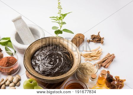 Indian Ayurvedic dietary supplement called Chyawanprash / chyavanaprasha  is a cooked mixture of sugar, honey, ghee, Indian Gooseberry (amla), jam, sesame oil, berries, herbs and various spices