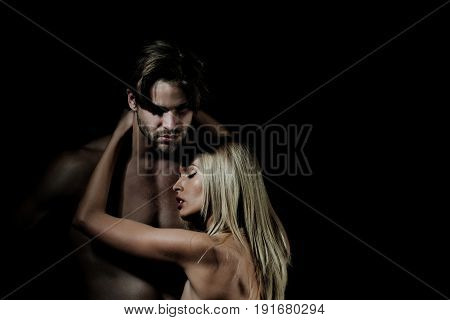 Girl Hugging Bearded Macho With Muscular, Naked Torso, Chest