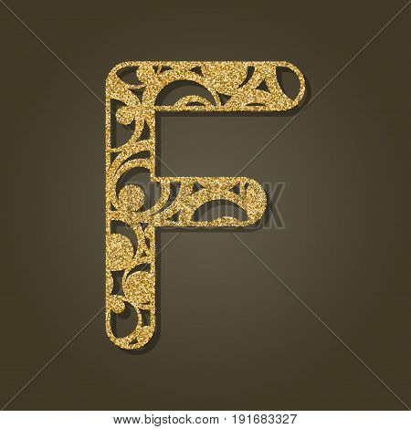 Gold letter F for laser cutting. English alphabet. Vector illustration.