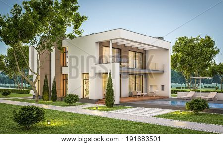 3D Rendering Of Modern House At Evening