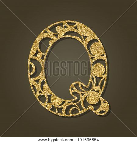 Gold letter Q for laser cutting. English alphabet. Vector illustration.