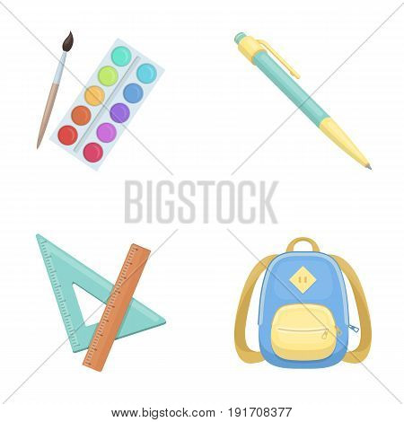 Multicolored paints with a tassel, pen, triangle and ruler, satchel, briefcase. School and education set collection icons in cartoon style vector symbol stock illustration .