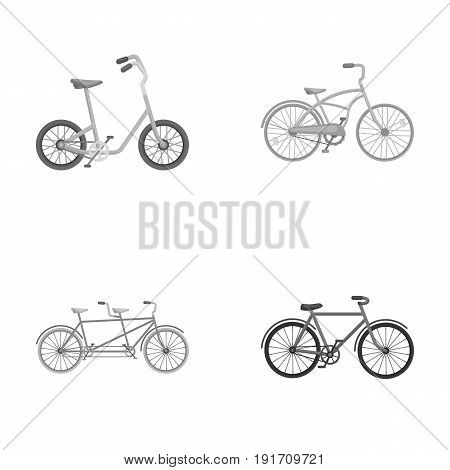 Children's bicycle, a double tandem and other types. Different bicycles set collection icons in monochrome style vector symbol stock illustration .