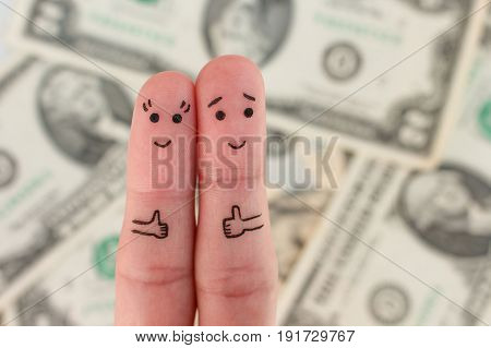 Fingers art of a Happy couple. Man and woman show sign of class on background of money.