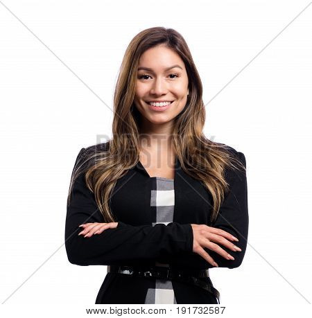 Happy young business woman on a white background