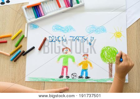 Happy Child Drawing Father’s Day Card With Polish Words