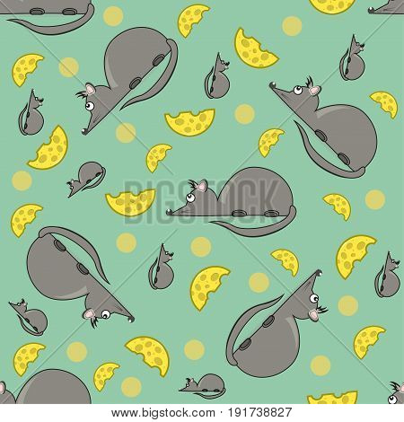 Seamless pattern mouse and cheese on a green background