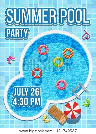 Top view nobody swimming pool with blue water. Vector design for party invitation. Summer pool party banner illustration