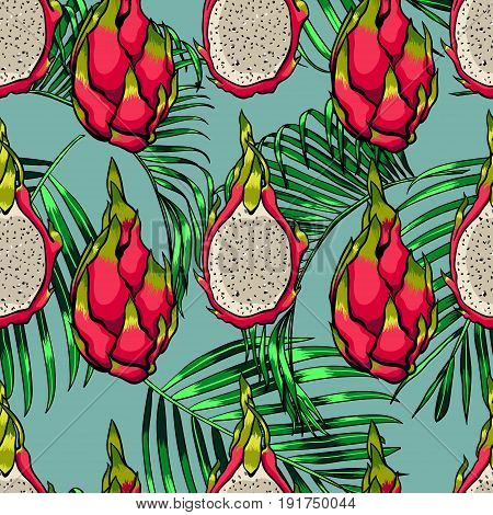 Exotic seamless vector pattern. Dragon fruits on the bright blue background