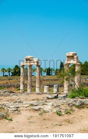 Hierapolis City Ruins. The ruins of the ancient city of Hierapolis is located adjacent to the hot springs of Pamukkale in Turkey. The site is a UNESCO world heritage site.