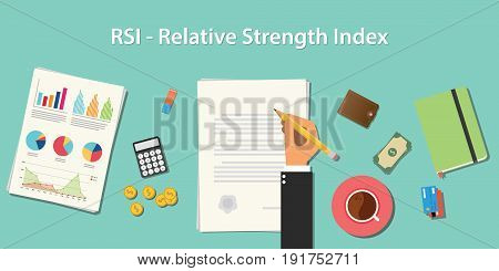 rsi relative strength index business concept illustration terms with business man hand writing working on graph chart money paper work vector