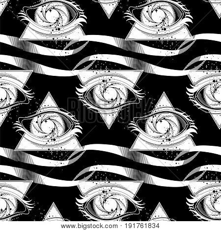 Graphic eye with black hole and starry vortex inside. Sacred geometry. Abstract astornomy illustration with triangular design. Tattoo or t-shirt art