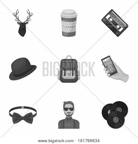 A set of icons about the style of a hipster. A peculiar youth style. Hipster style icon in set collection on monochrome style vector symbol stock web illustration.