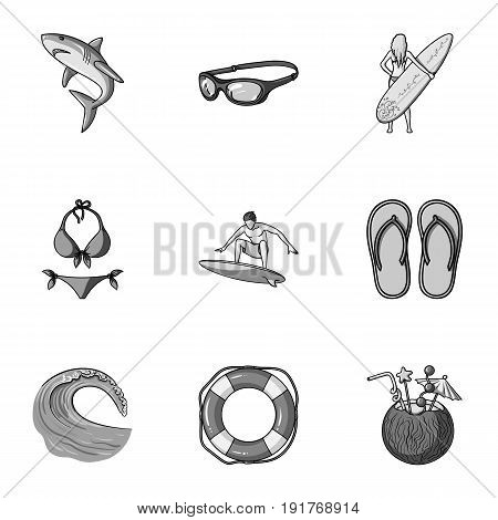 A collection of pictures on the theme of the beach, the sea, surfing. Rescuers of the beach.Surfing icon in set collection on monochrome style vector symbol stock web illustration.